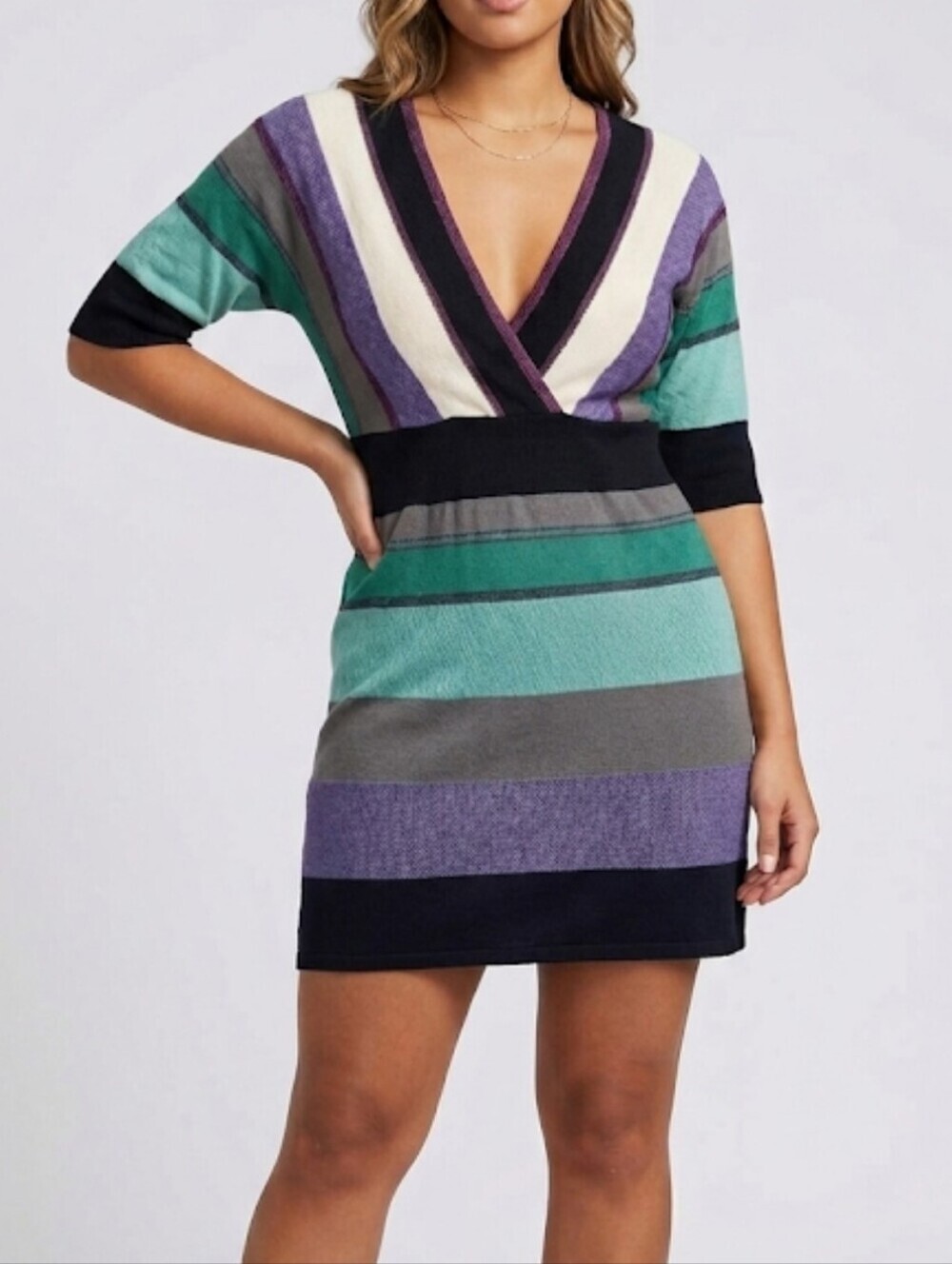 Missoni 1/2 Sleeve Striped Knit Mini Sweater Dress Size 40 Tie Waist V Neck
